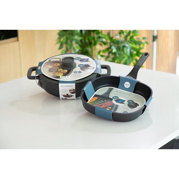 BergHOFF 28 cm troškintuvas - Stone+ serija su 2 rankenomis, dangčiu su šaukšto laikikliu, tinkamas orkaitei 