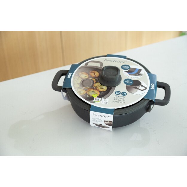 BergHOFF 28 cm troškintuvas - Stone+ serija su 2 rankenomis, dangčiu su šaukšto laikikliu, tinkamas orkaitei 